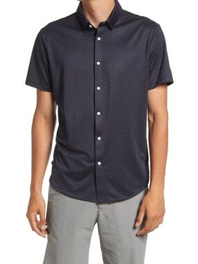 Mizzen+Main Performance Menswear Navy Blue/Wht Polka Dot Short Sleeve Trim Fit S
